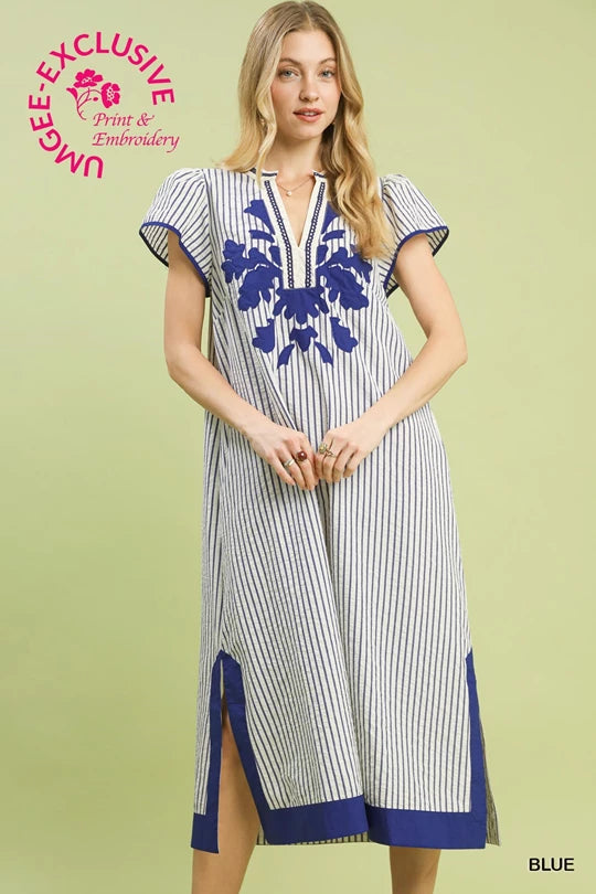 umgee blue and white dress Navy Applique Stripe Long – Beau'tique Womens ruched one shoulder giving this dress that plp-51236 Color:As Picture(Light Blue)