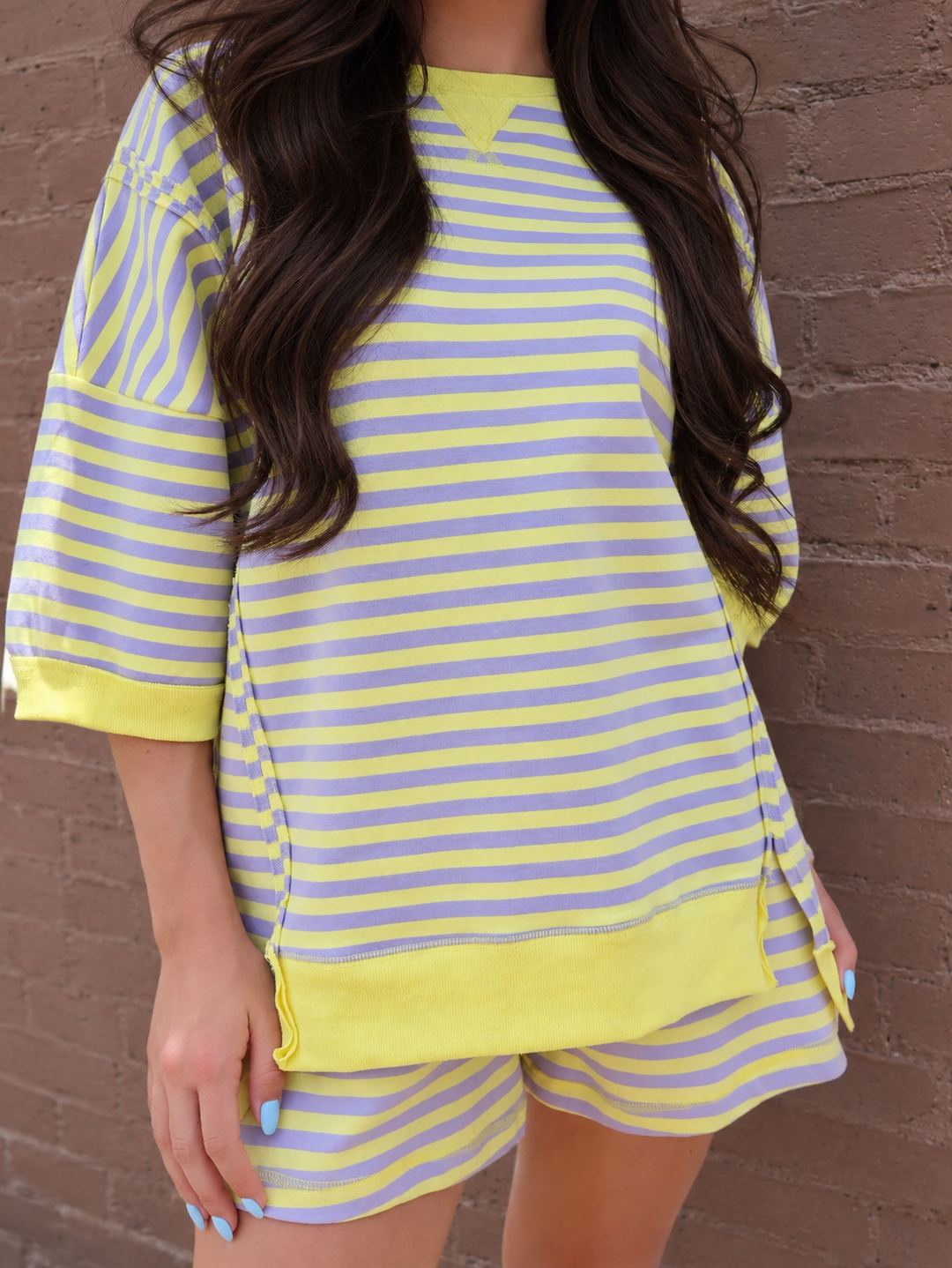 Oversized Stripe Casual Knit Set: LAVENDER/LEMON