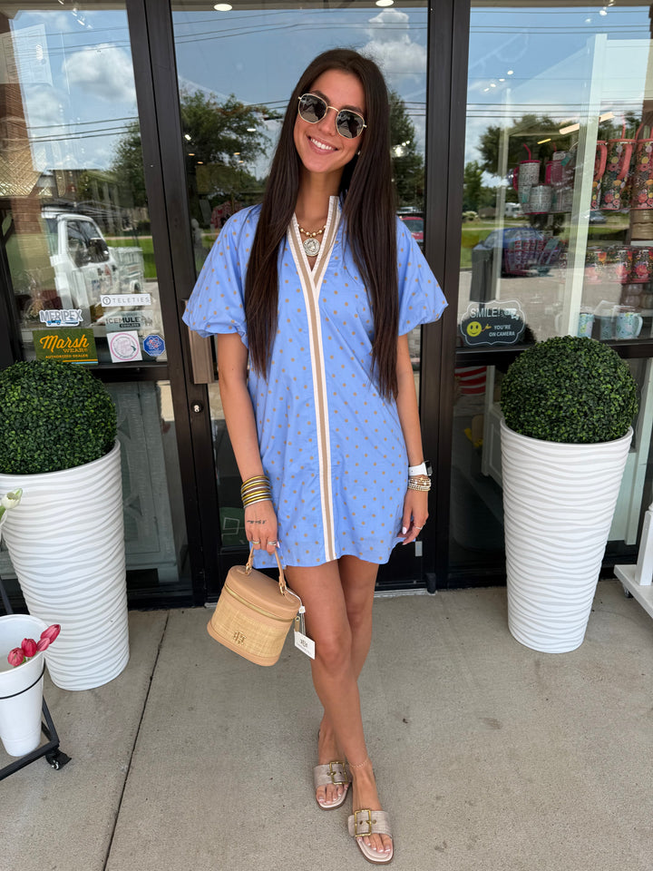 Entro Baby Blue & Tan Polkadot  Short Dress