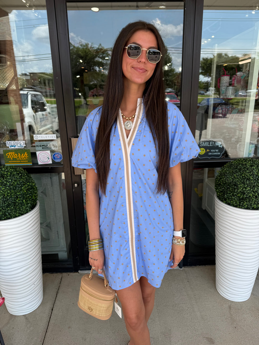 Entro Baby Blue & Tan Polkadot  Short Dress