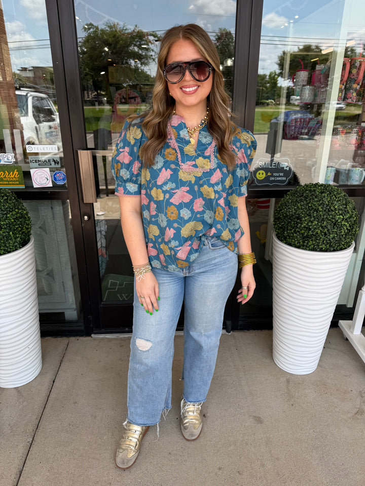 Entro Teal Floral Top