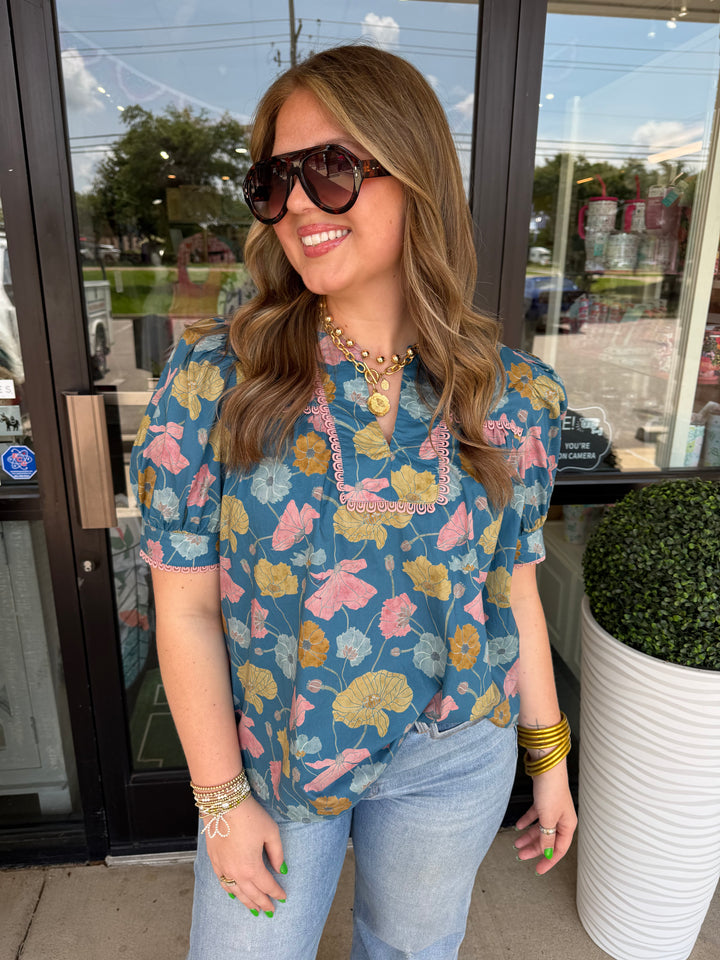 Entro Teal Floral Top