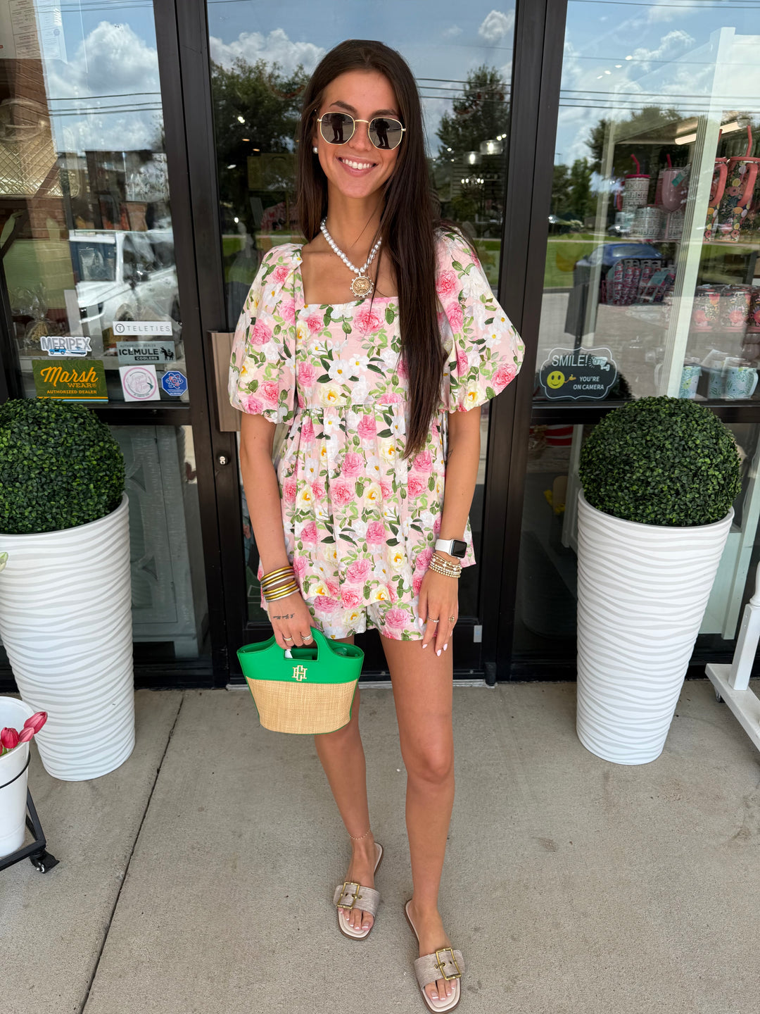 Floral Romper Pink With Puff Sleeve