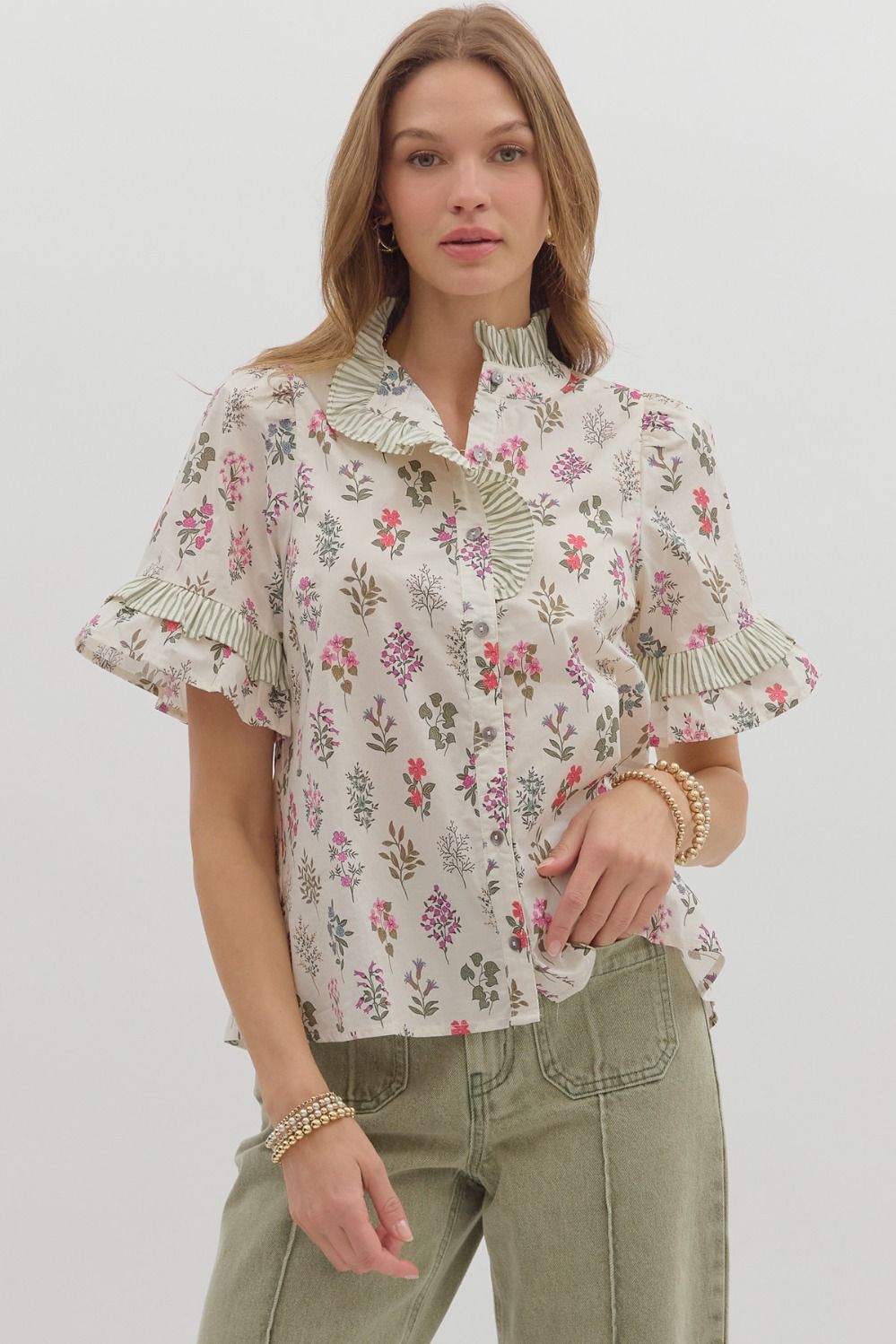 Entro Cream Floral Flutter Top