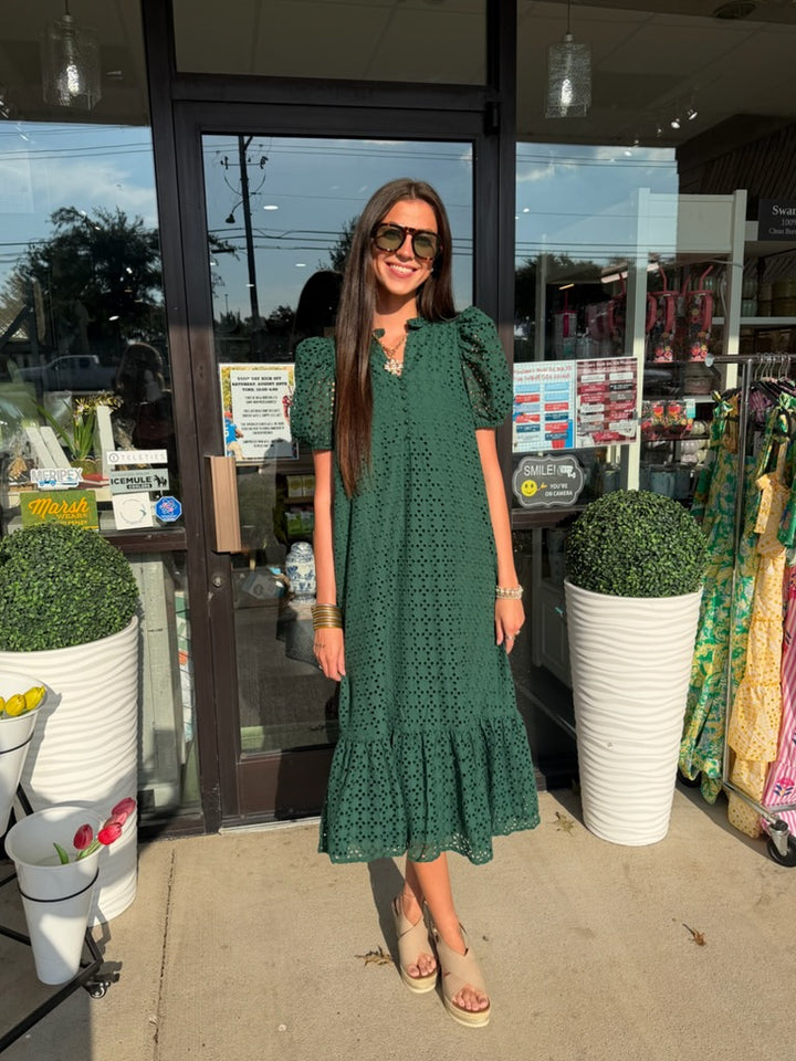 Entro Hunter Green Long Eyelet Dress