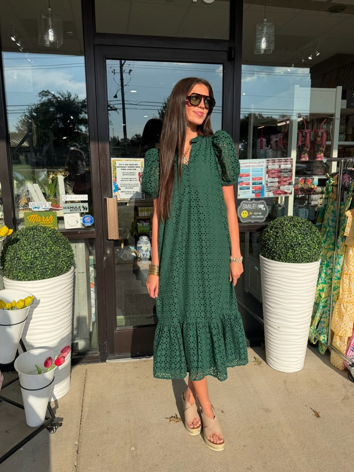 Entro Hunter Green Long Eyelet Dress