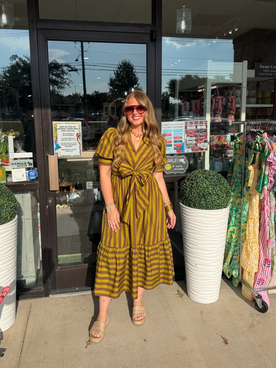 Martini Olive Stripe Dress With Front Bow