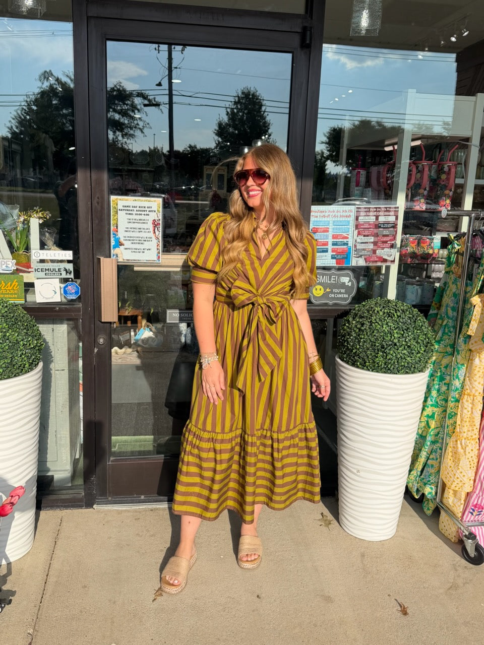 Martini Olive Stripe Dress With Front Bow
