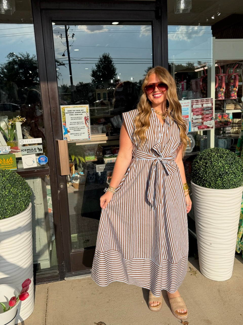 Blue & Brown Stripe Bow Dress