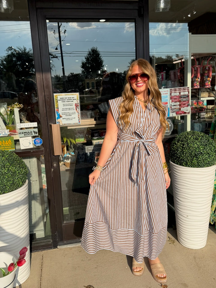 Blue & Brown Stripe Bow Dress