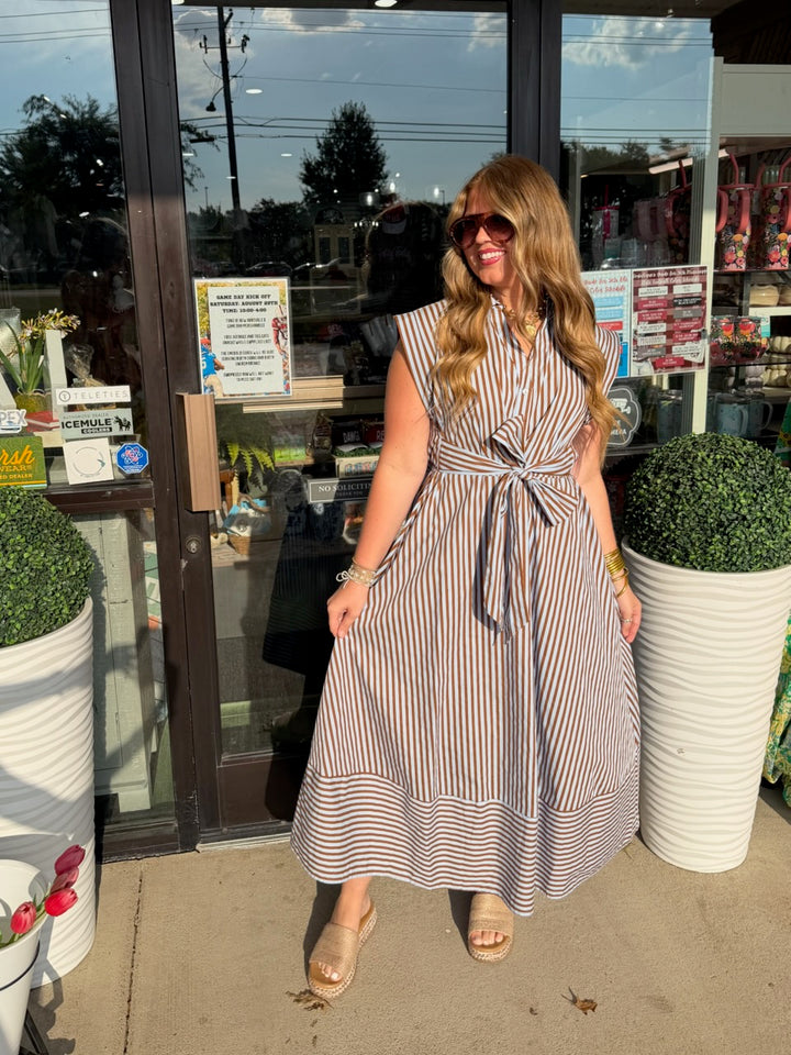 Blue & Brown Stripe Bow Dress