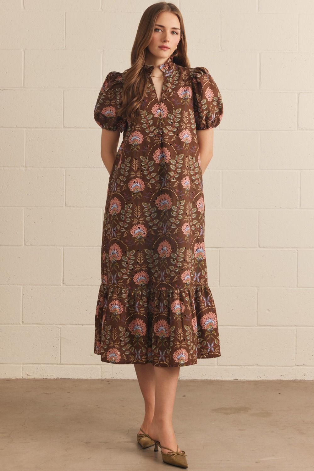 Brown Floral Eyelet Midi