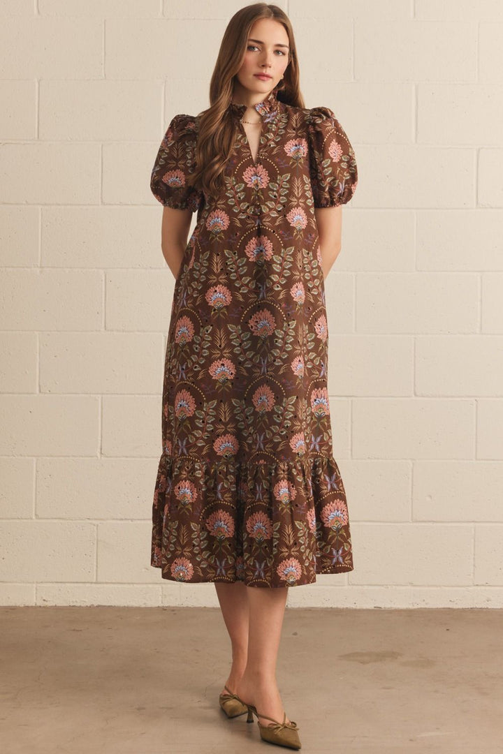 Brown Floral Eyelet Midi