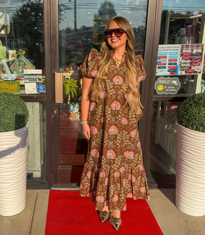 Brown Floral Eyelet Midi