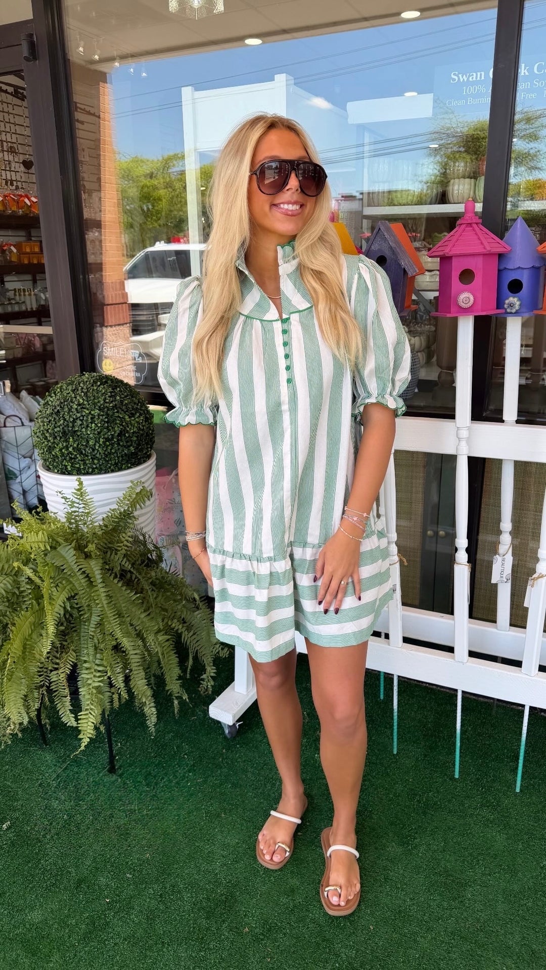 Umgee Kelly Green Flutter Neck Stripe Dress