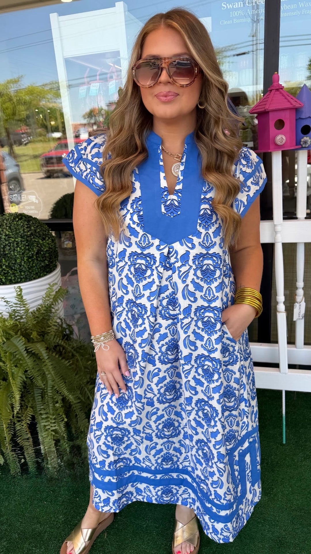 Umgee Blue & White Flutter Sleeve Midi