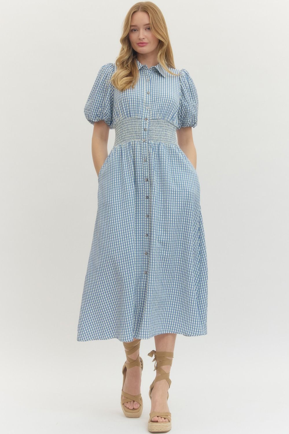 Entro Blue Gingham Long Dress
