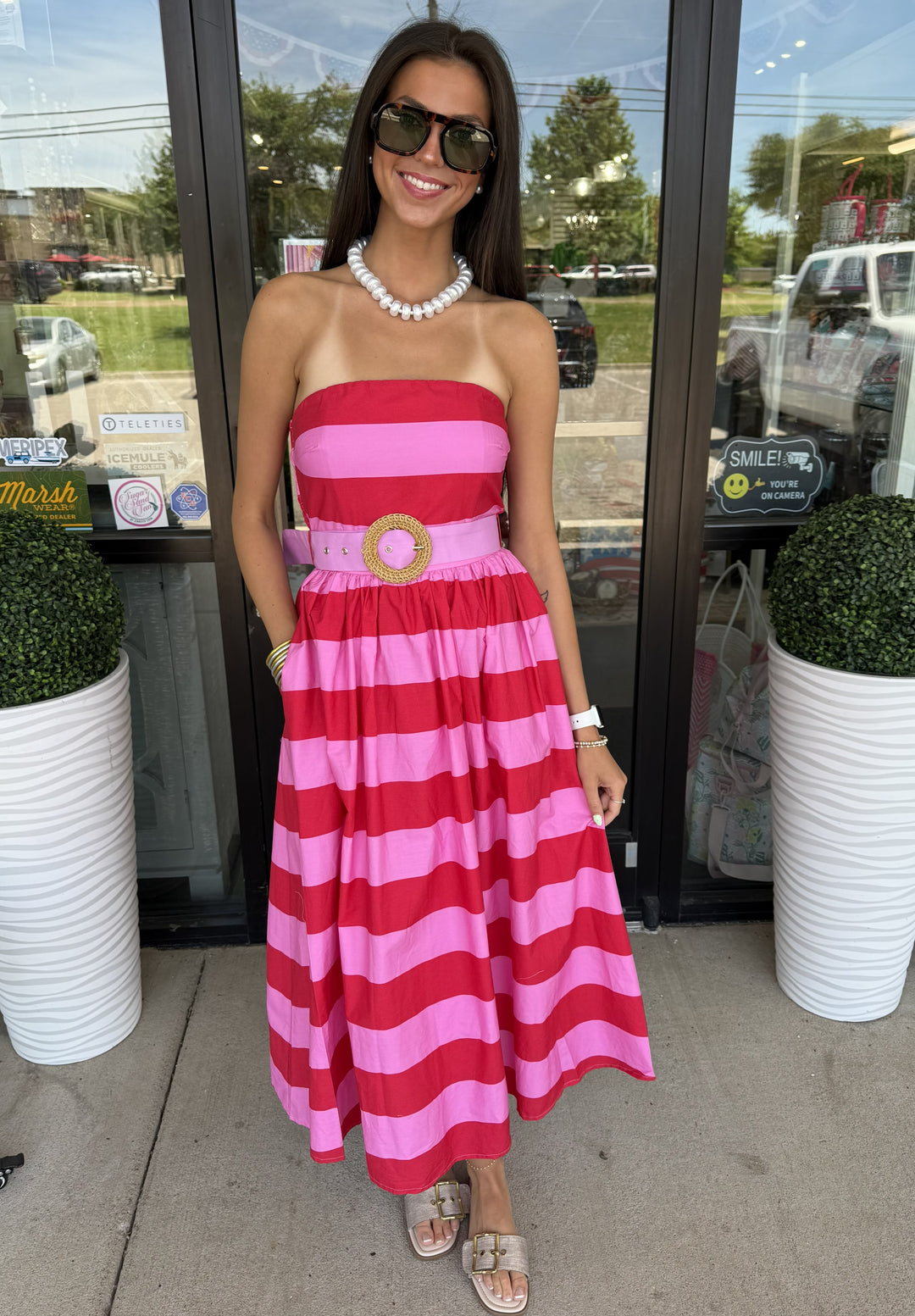 Entro Pink\Red Stripe Strapless Dress