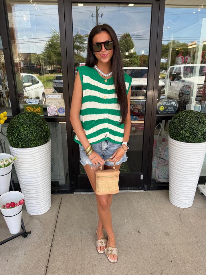VJ Green Stripe Button Down Knit Sweater Top