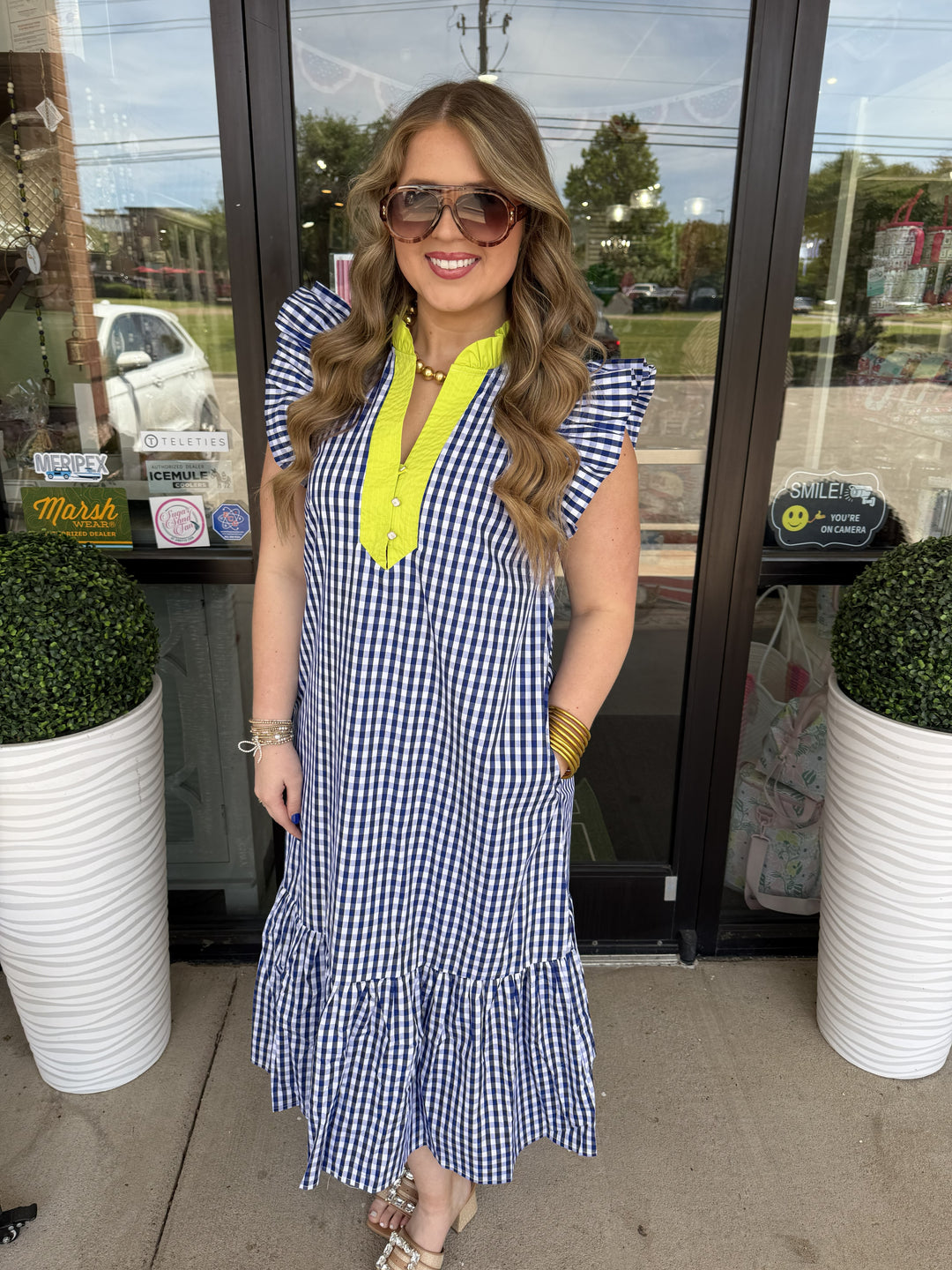 Entro Indigo & Lime Gingham Long Dress