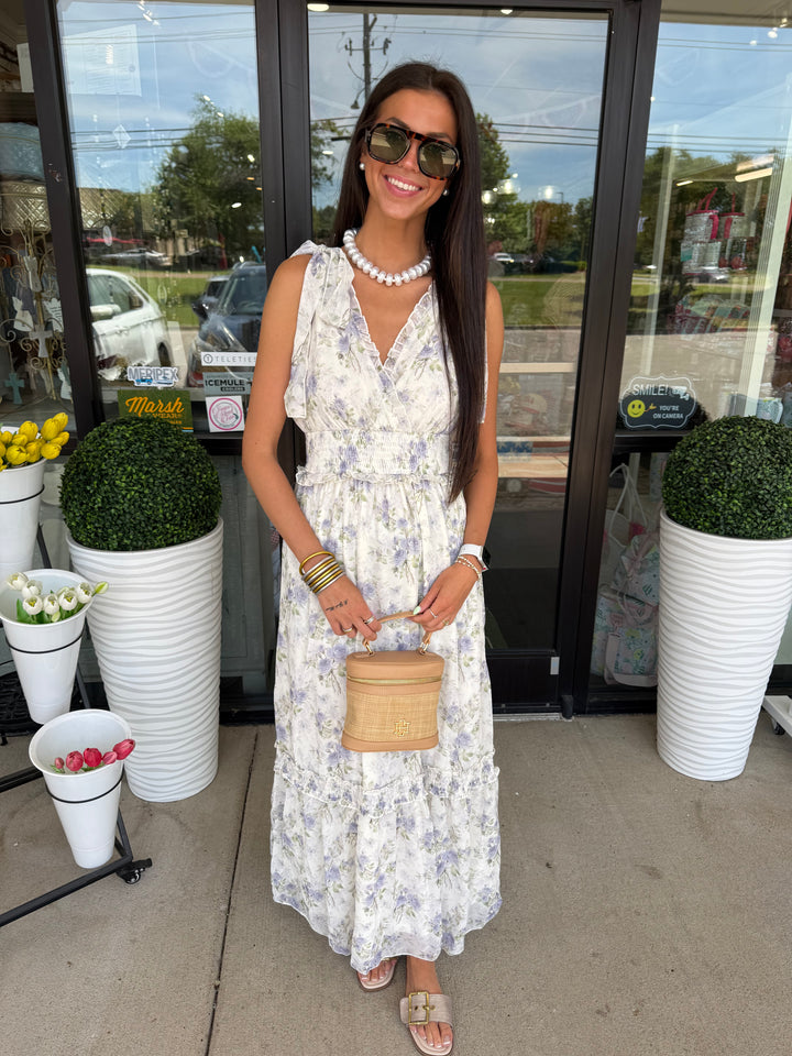 Floral Blue Printed Shoulder Strap Midi Dress