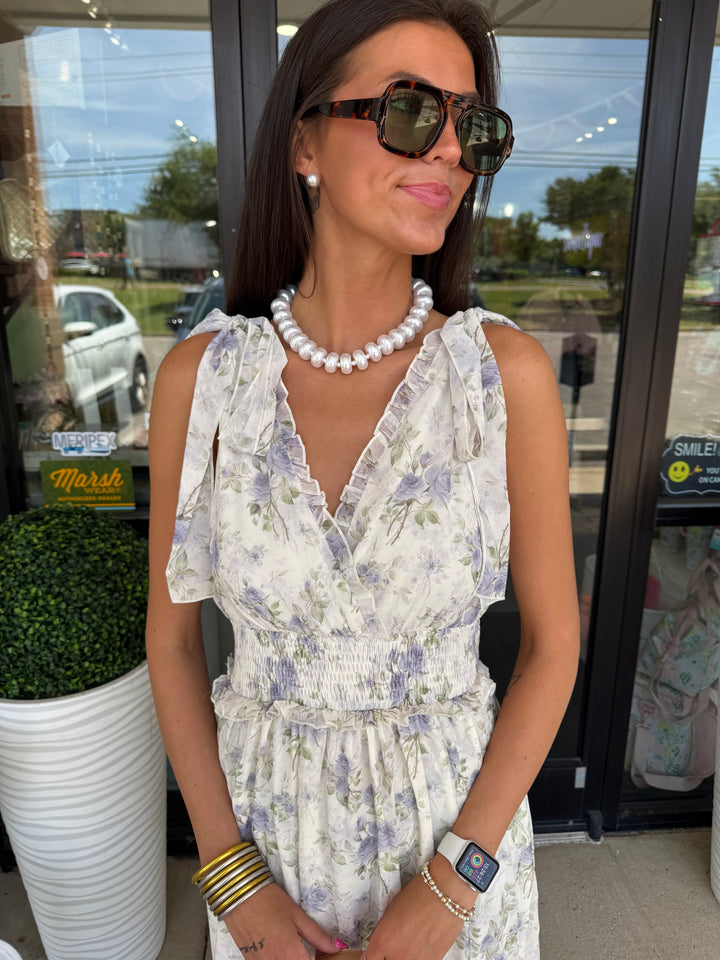 Floral Blue Printed Shoulder Strap Midi Dress