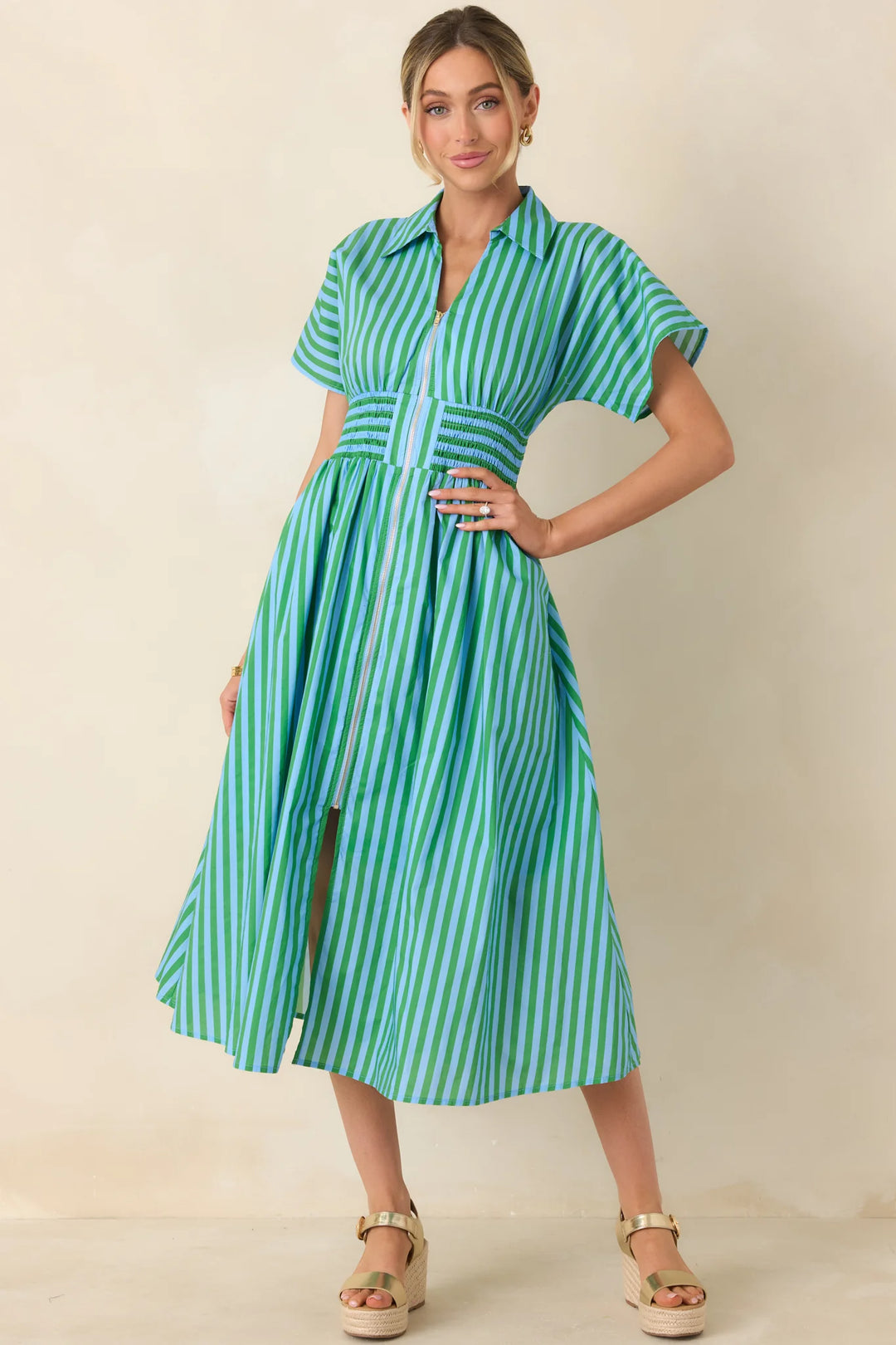 Entro Green Blue Stripe Zip Dress Beau'tique Entro Green Blue Stripe Zip Dress Beau'tique