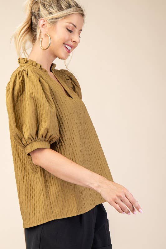 Ruffle V-Neck Puff Sleeve Top