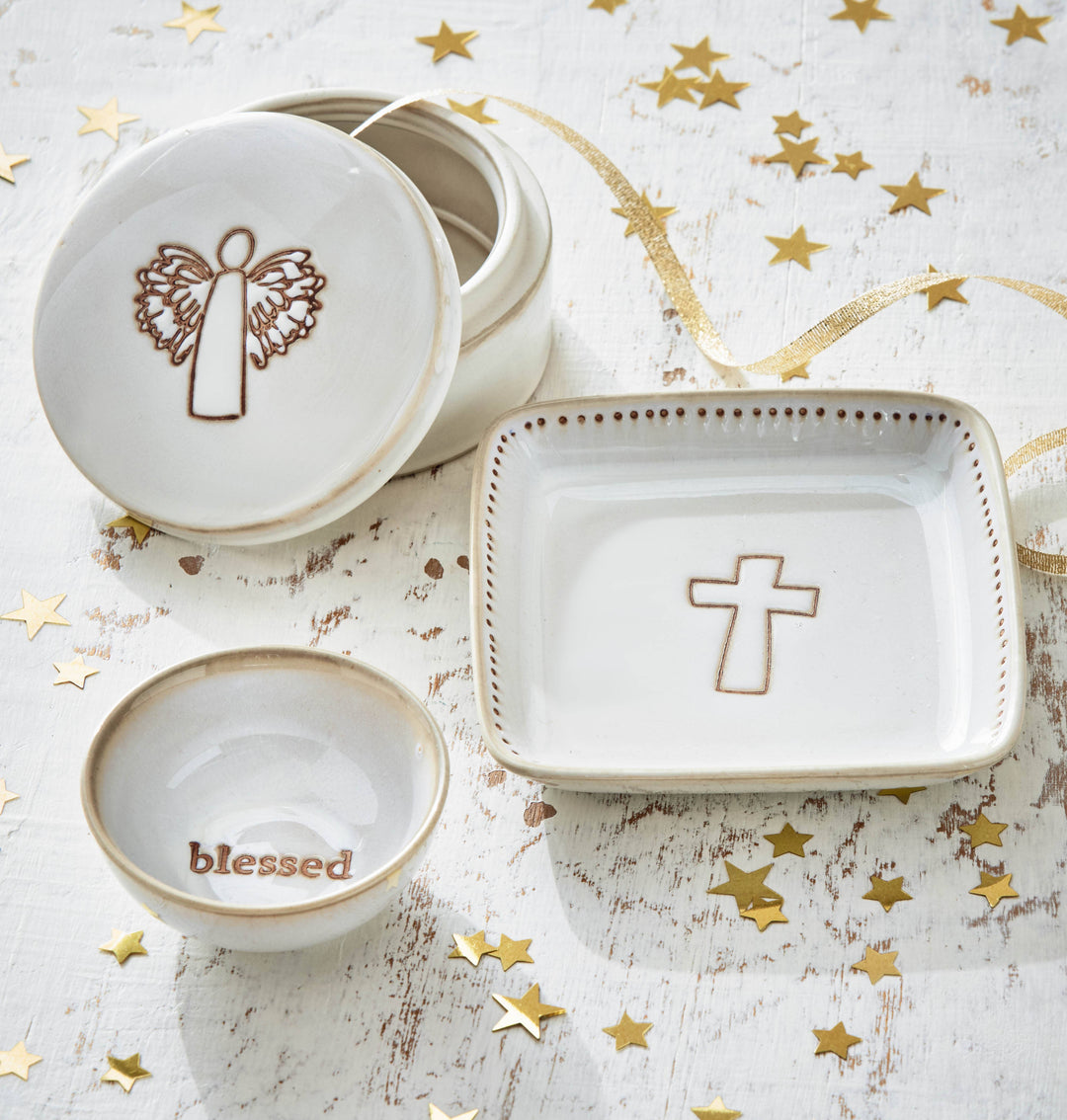 Angel Trinket Dish W/Lid Multi Stoneware Christmas