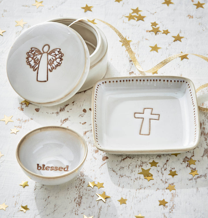 Angel Trinket Dish W/Lid Multi Stoneware Christmas