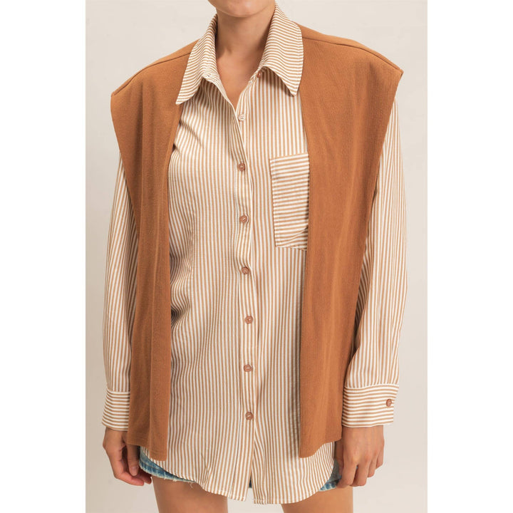 Striped Button-Up Shirt With Faux Tie