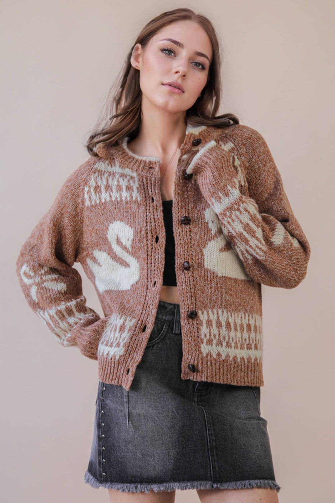 Very J Oversized Graphic Swan Sweater Cardigan