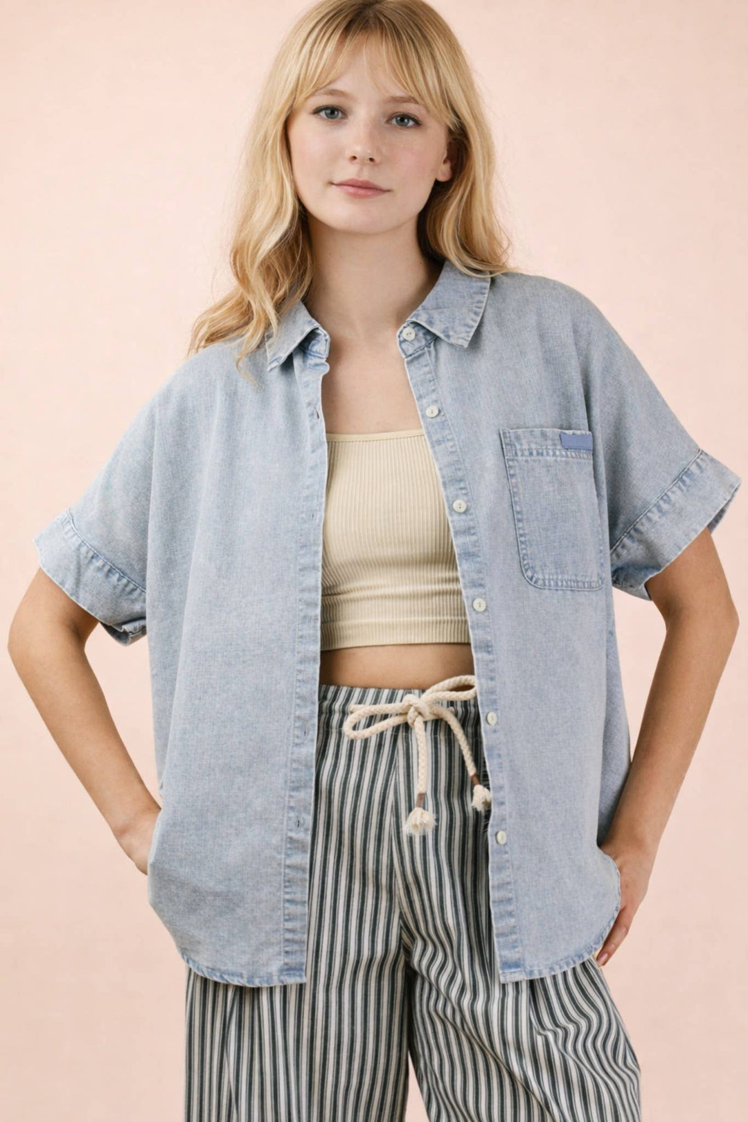 Mineral Washed Chambray Oversized Shirt Top