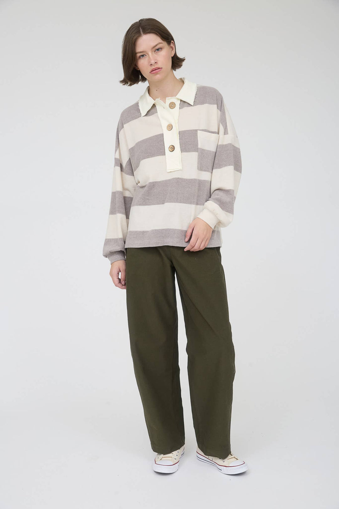 WASHED STRIPE CONTRAST COLLAR LONG SLEEVE KNIT TOP