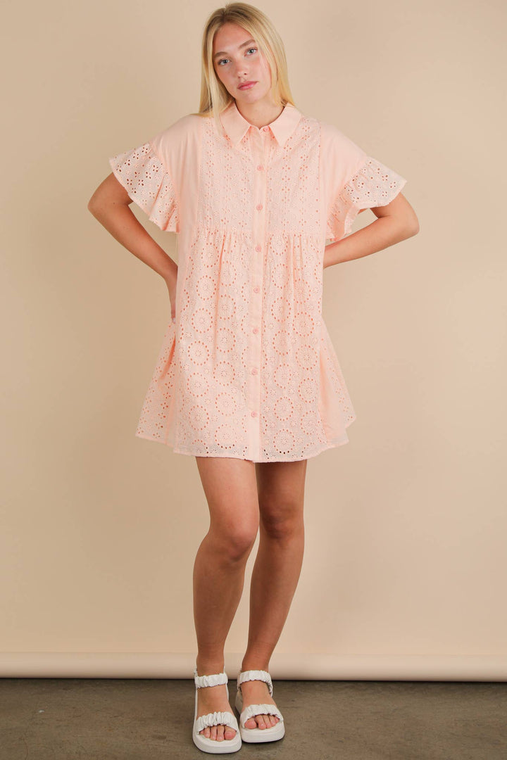 ND31658-Mixed Cotton Eyelet Lace Ruffled Mini Shirt Dress