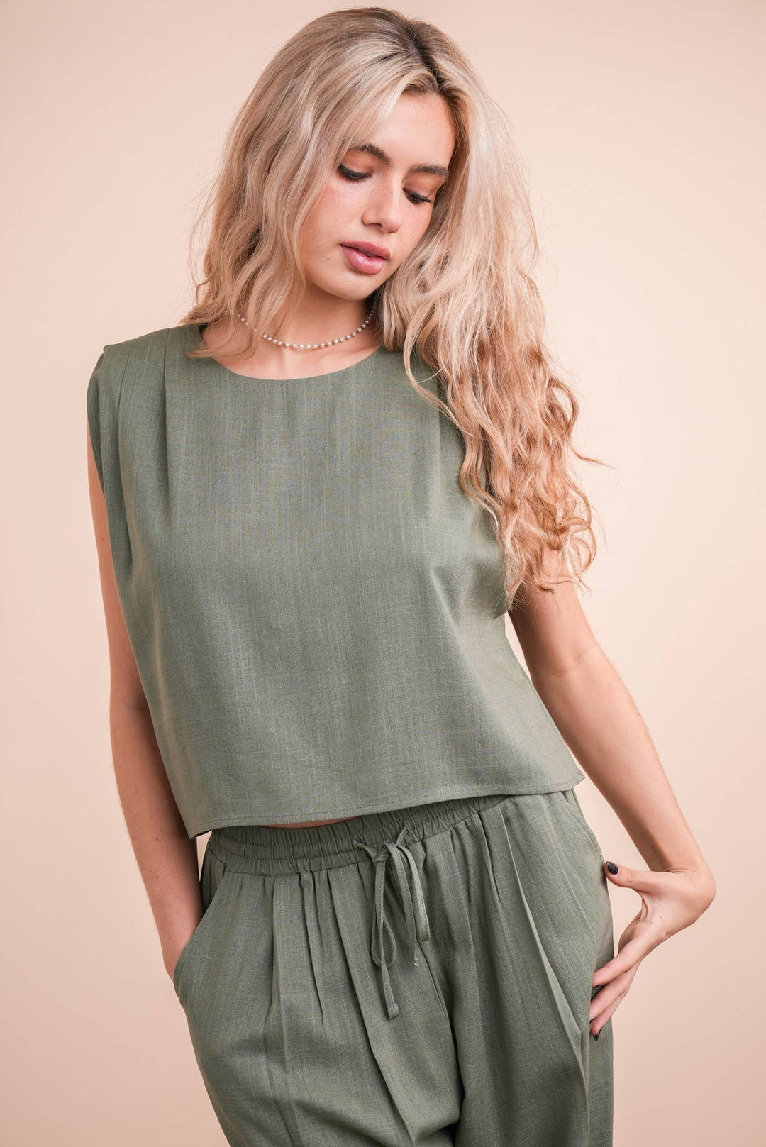 NT12090SET-Solid Woven Top & Pants Set