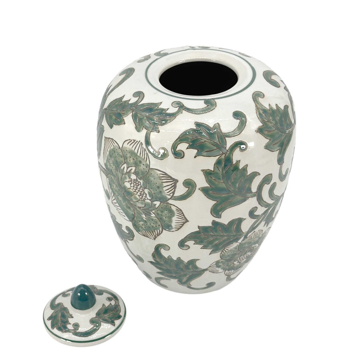 Green & White Floral Ceramic Chinoiserie Ginger Jar 11"