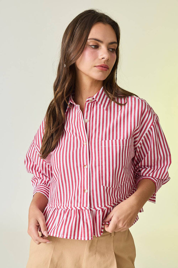 PT18030 - Violet 3/4" Sleeve Peplum Button Down Top