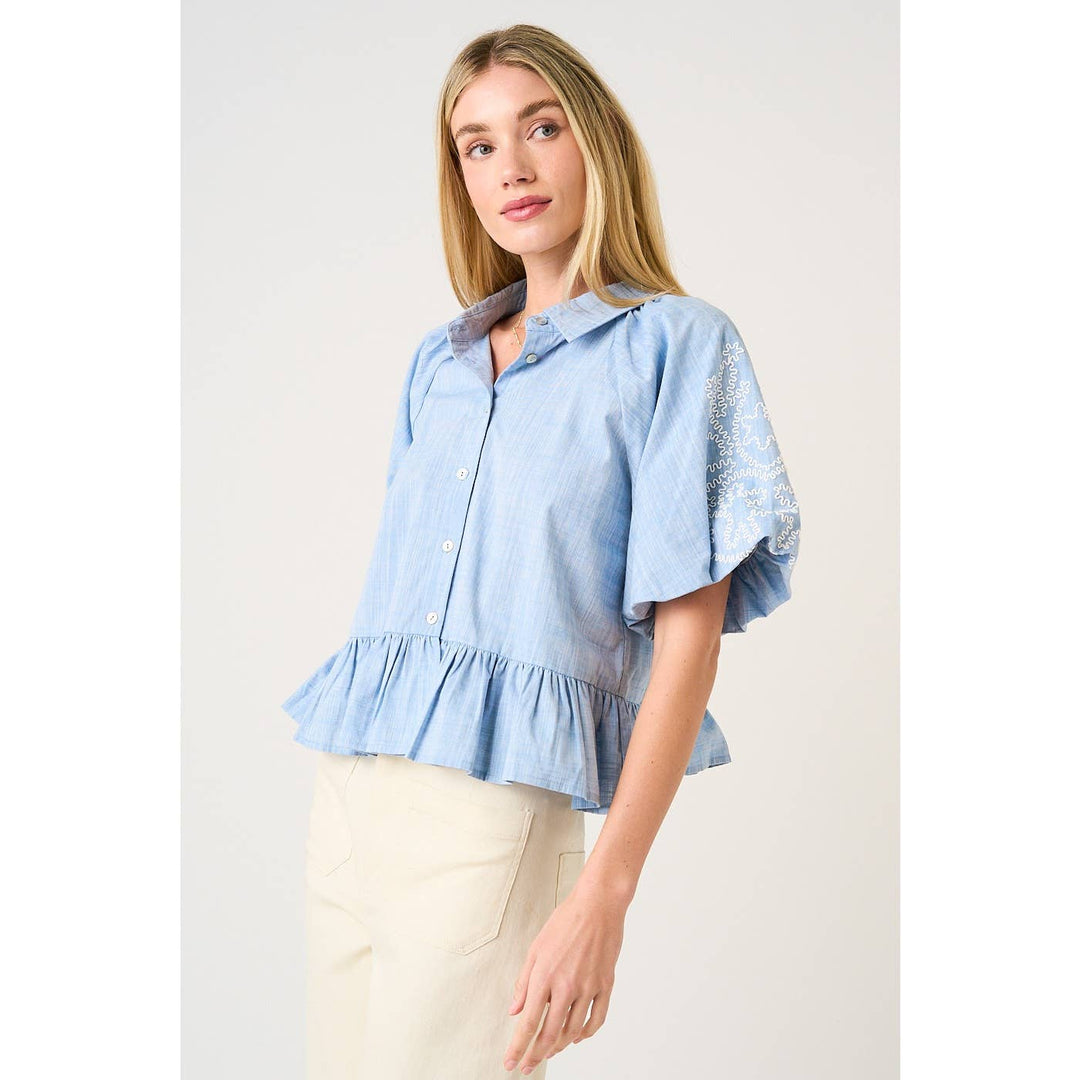 EMBROIDERY BUBBLE SLEEVE PEPLUM BUTTON DOWN SHIRT