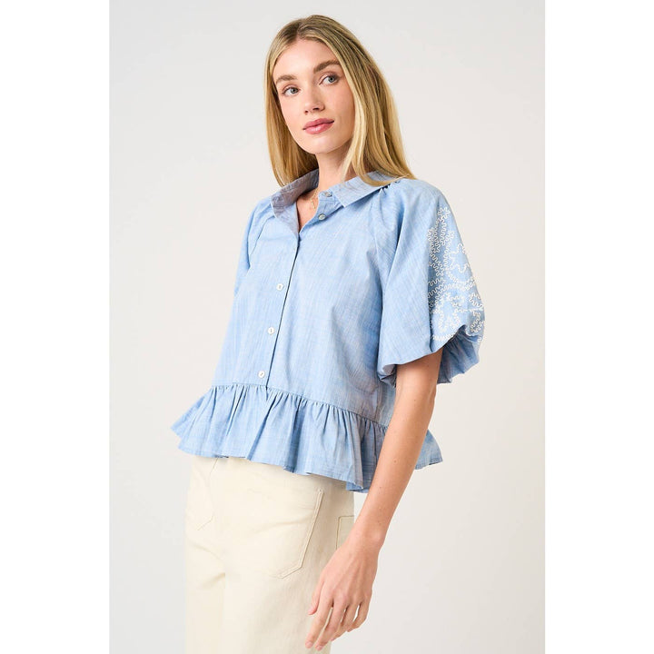 EMBROIDERY BUBBLE SLEEVE PEPLUM BUTTON DOWN SHIRT