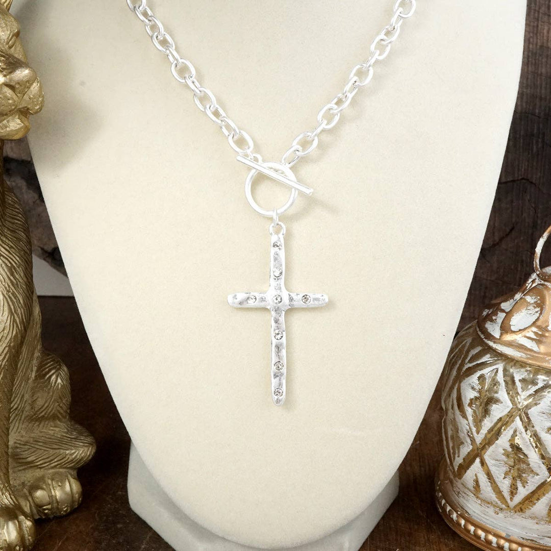 Divine Simplicity – Hammered Cross Front Toggle Necklace