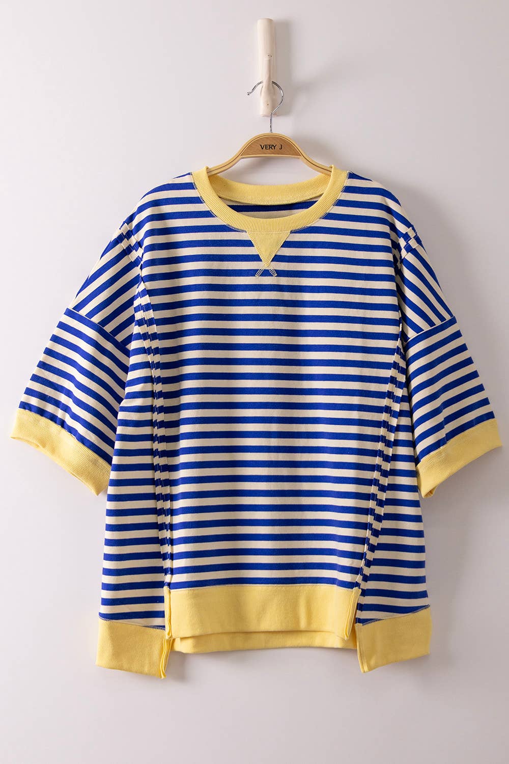 Oversized Stripe Casual Knit Top: LAVENDER/LEMON