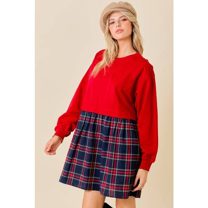 FRENCH TERRY PLAID MINI DRESS