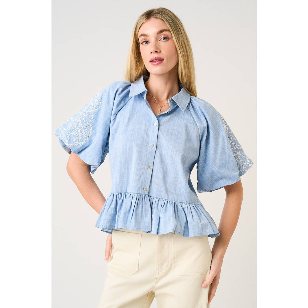 EMBROIDERY BUBBLE SLEEVE PEPLUM BUTTON DOWN SHIRT
