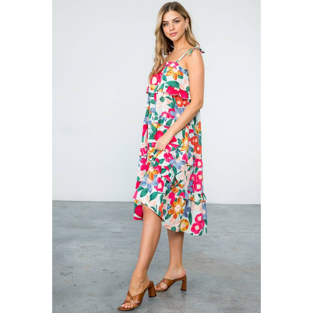Mint Floral Midi Dress with Ruffle Tiers and Straps