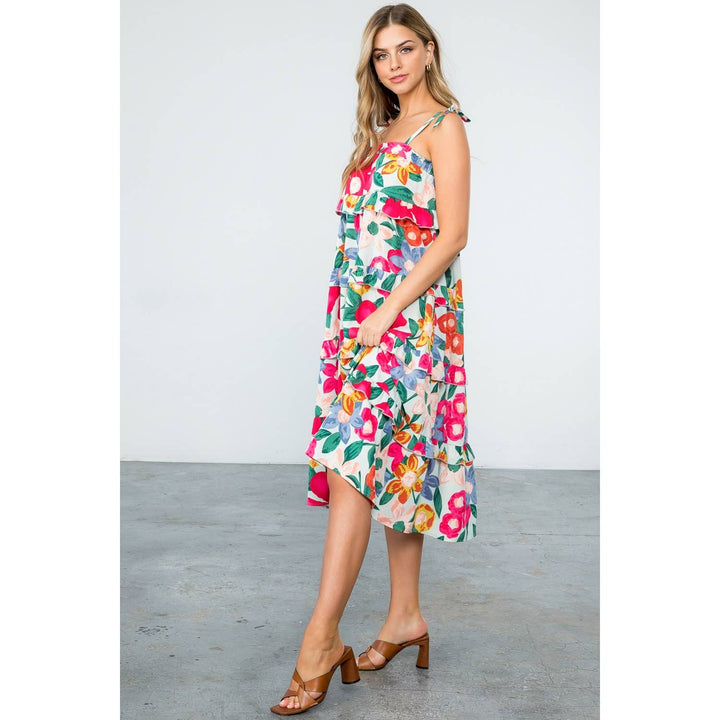 Mint Floral Midi Dress with Ruffle Tiers and Straps