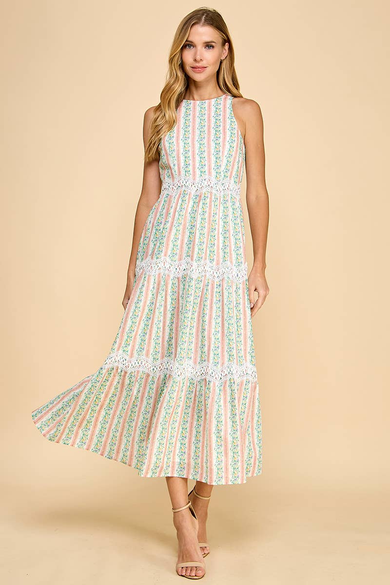 CD05287-Floral Stripe Print Scallop Lace Accent Midi Dress