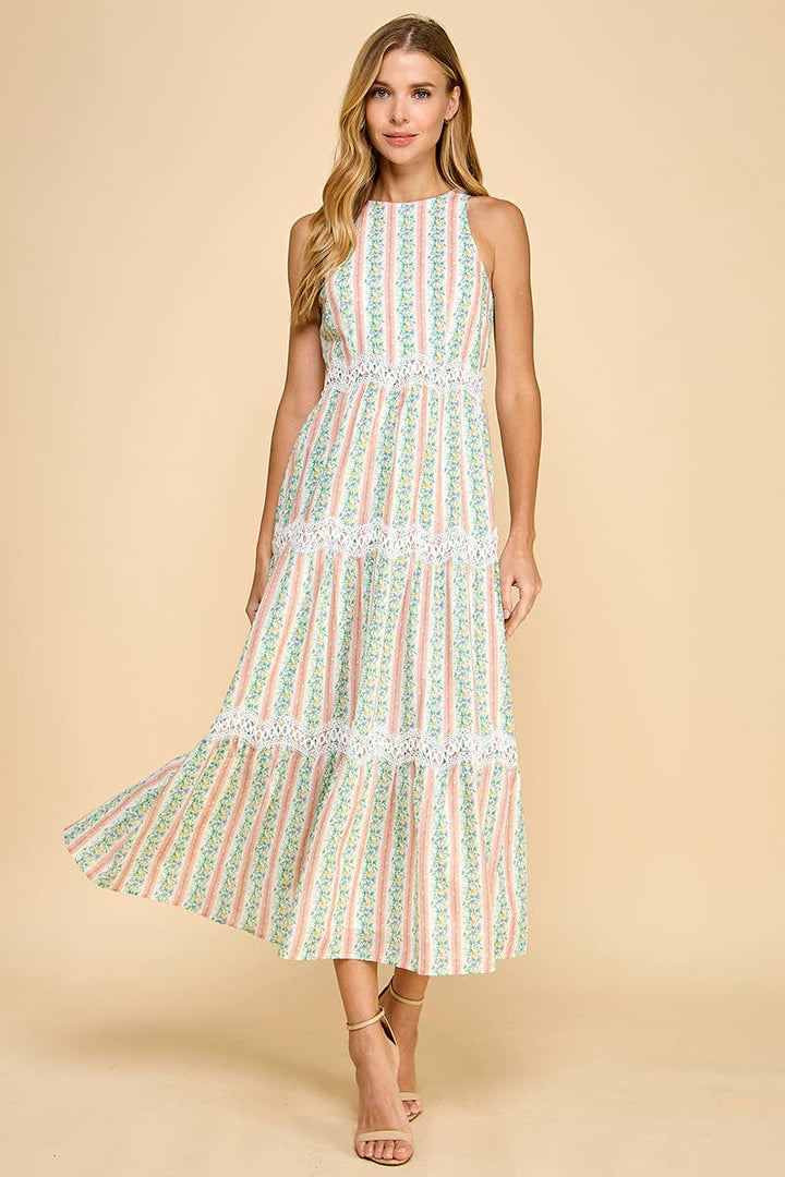 CD05287-Floral Stripe Print Scallop Lace Accent Midi Dress