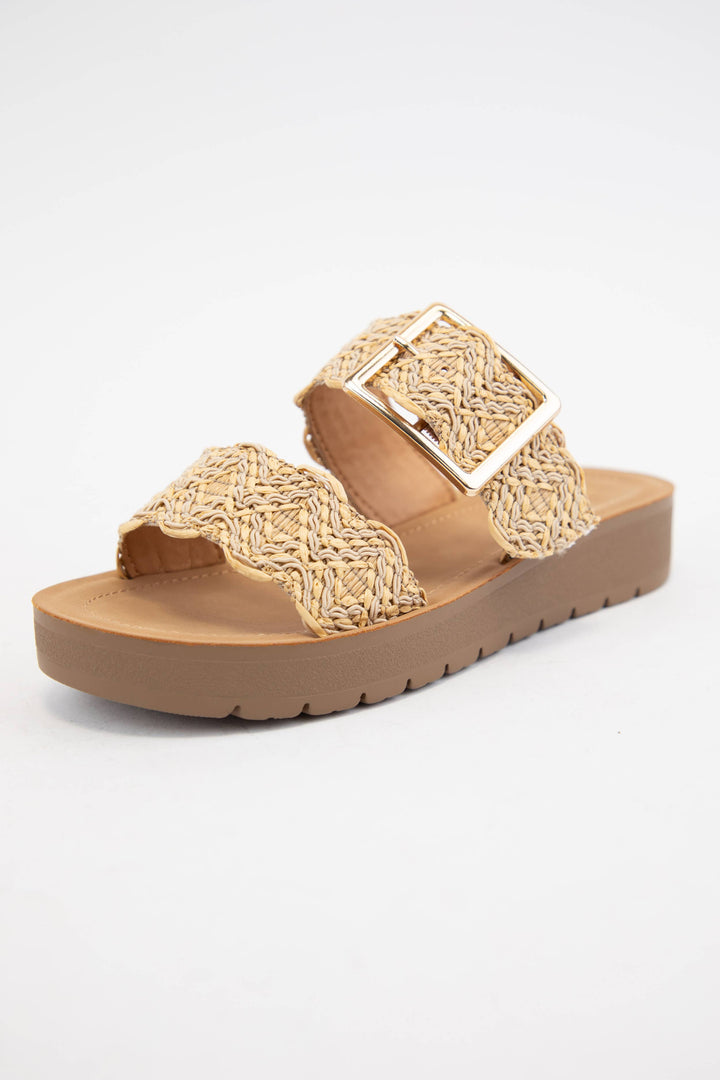 TRAIL DELICATELY WOVEN RAFFIA DOUBLE STRAP SANDALS