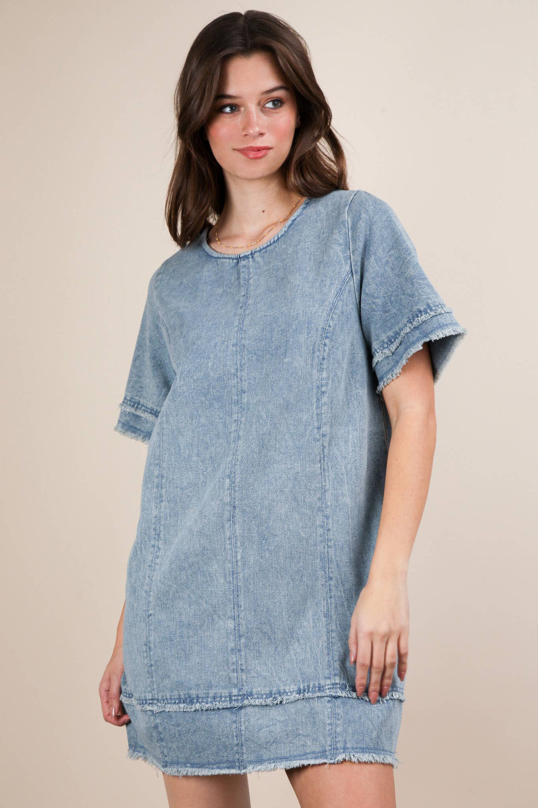 ND31576-Washed Denim Shift Mini Dress